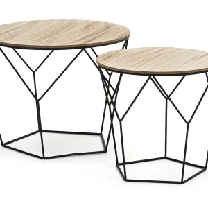 Ik speel 2 salontafels Tokio met een natuurlijke houten blad en een metalen structuur in het zwart.