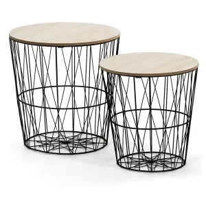 Ik speel 2 Guili salontafels met een natuurlijke houten blad, een metalen frame in het zwart.