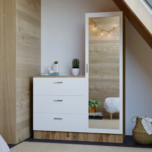 Kast met 3 lades en element met spiegel – Wit en houtlook – VITORIO – Koop nu online Kast met 3 lades en element met spiegel – Wit en houtlook – VITORIO – Koop nu online