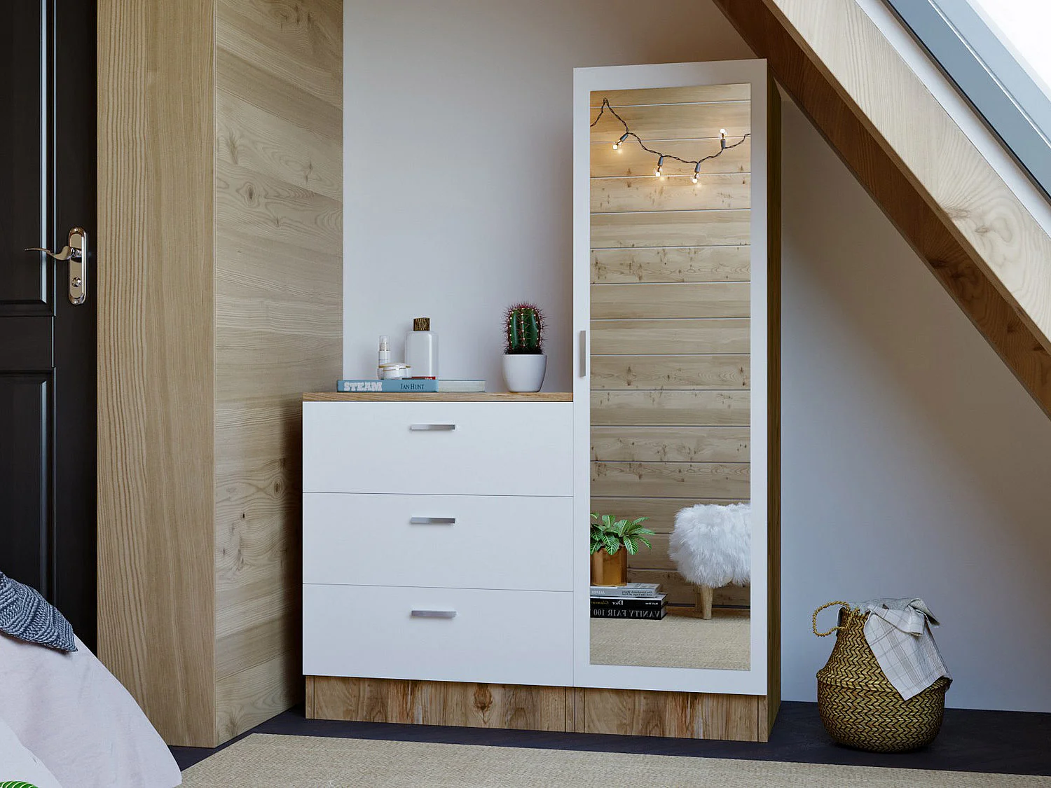 Kast met 3 lades en element met spiegel - Wit en houtlook - VITORIO - Koop nu online