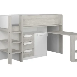 Hoogslaper 90 x 200 cm met bureau en opbergruimte, wit en naturel + matras – LOUKALA Hoogslaper 90 x 200 cm met bureau en opbergruimte, wit en naturel + matras – LOUKALA