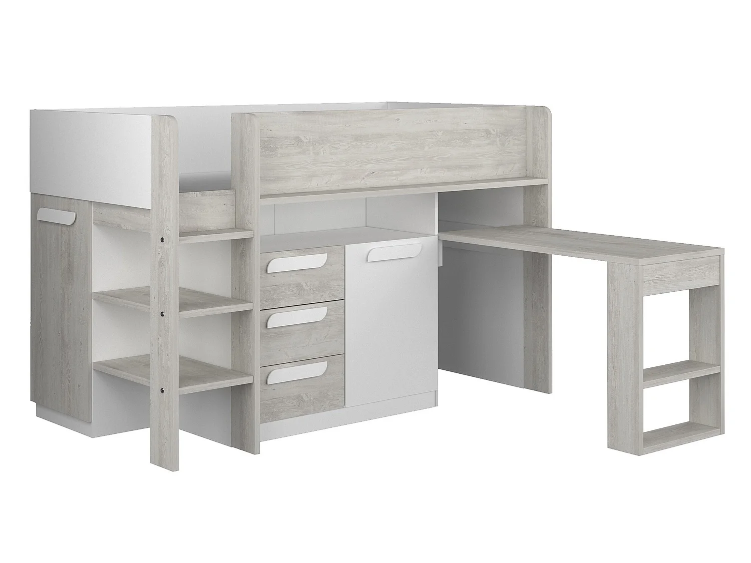 Hoogslaper 90 x 200 cm met bureau en opbergruimte, wit en naturel + matras - LOUKALA