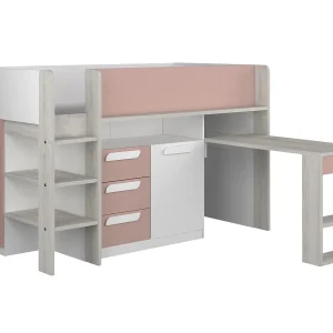 Hoogslaper 90 x 200 cm, bureau en opbergruimte, roze, naturel en wit + matras – LOUKALA Hoogslaper 90 x 200 cm, bureau en opbergruimte, roze, naturel en wit + matras – LOUKALA