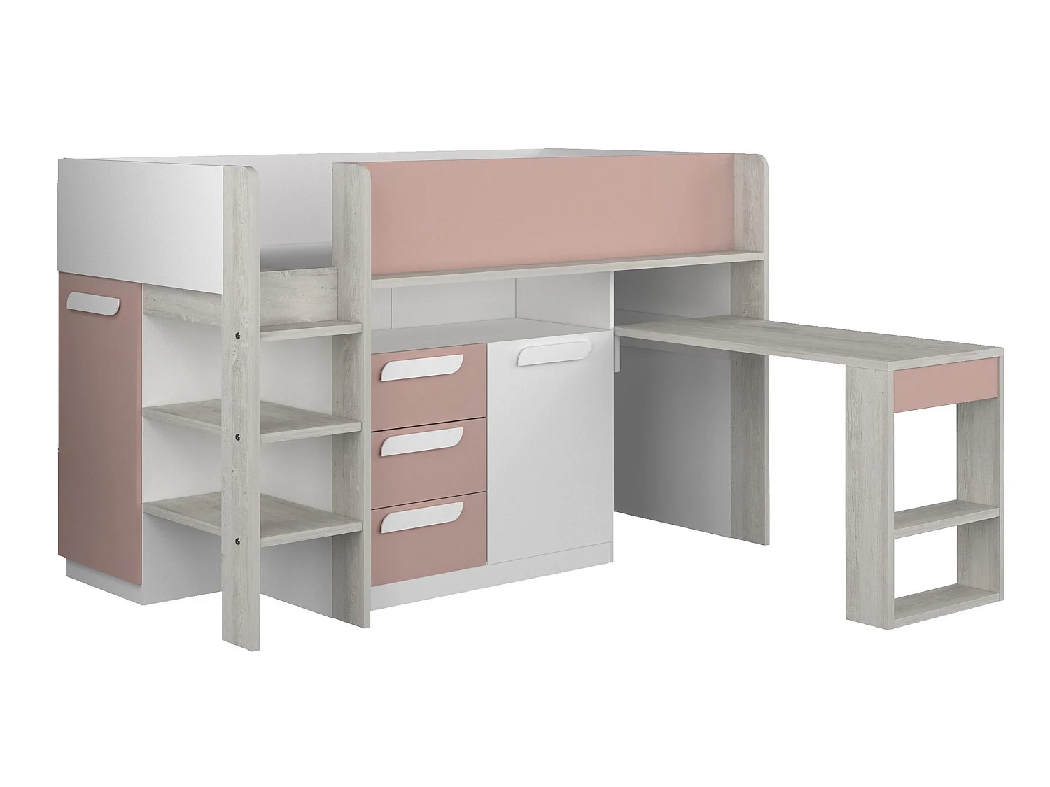 Hoogslaper 90 x 200 cm, bureau en opbergruimte, roze, naturel en wit + matras - LOUKALA