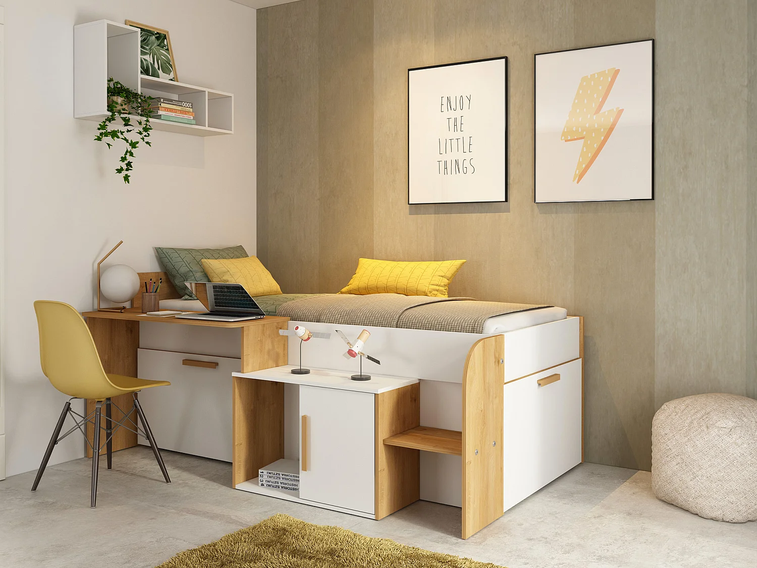 Combinatiebed 90 x 200 cm bureau en opbergruimte wit en natuurlijk + bedbodem + matras - PEDRO