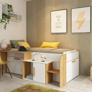 Combinatiebed 90 x 200 cm met bureau en opbergruimte wit en natuurlijk + lattenbodem – PEDRO
