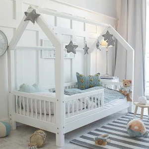 Hutbed 90×200 inclusief bedhek en lattenbodem met 10 cm poten Sofia Wit