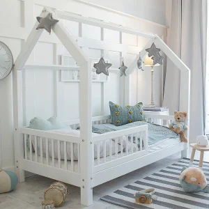 Hutbed 90×190 inclusief bedhek en lattenbodem met 10 cm poten Sofia Wit