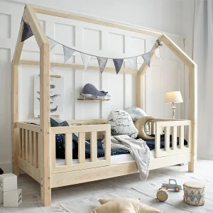 Hutbed 90×190 inclusief bedhekken en lattenbodem met 10 cm poten Madeliefje Bois