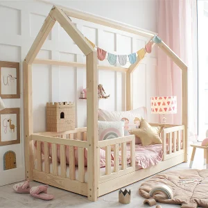 Hutbed 90×190 inclusief bedhekken en lattenbodem poten 1 cm Madeliefje Bois