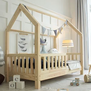 Hutbed 90×190 inclusief bedhek en lattenbodem met 10 cm poten Madeliefje Bois