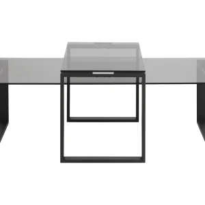 Kate salontafel set, rookkleurig glas en mat zwart metaal. Kate salontafel set, rookkleurig glas en mat zwart metaal.