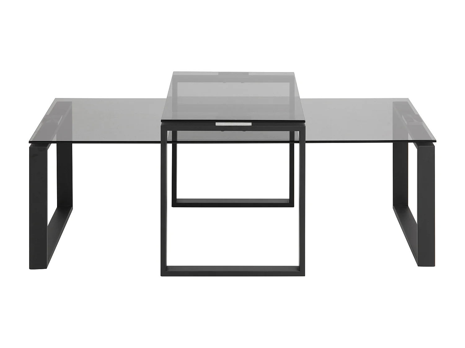 Kate salontafel set, rookkleurig glas en mat zwart metaal.