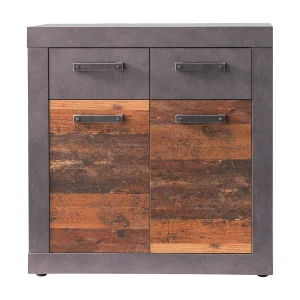 Indy kommode 2 deuren, 2 laden grijs eiken decor, oud houten decor. Indy kommode 2 deuren, 2 laden grijs eiken decor, oud houten decor.