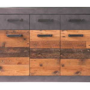 Indy kommode 3 deuren, 3 laden grijs eiken decor, oud houten decor. Indy kommode 3 deuren, 3 laden grijs eiken decor, oud houten decor.