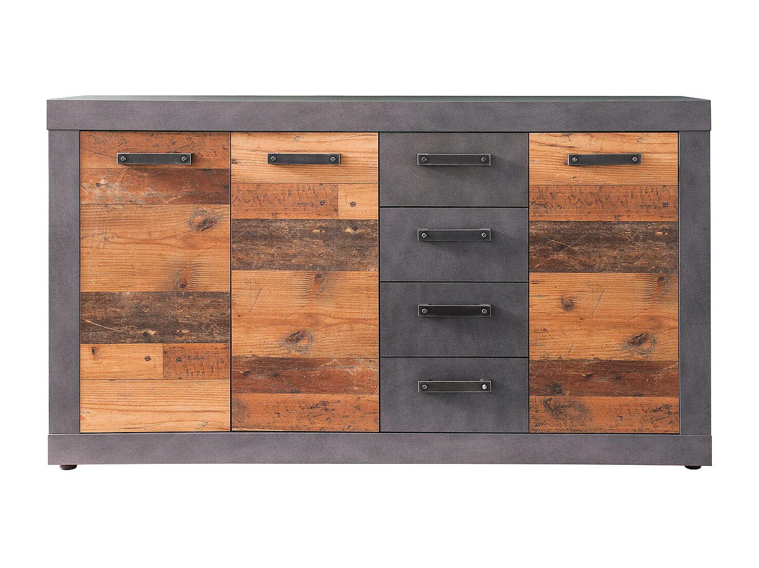 Indy kommode 3 deuren, 4 laden grijs eiken decor, oud houten decor.