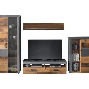 Irina wandkast opstelling incl verlichting voor glazen planken, grijs Matera Old Wood decor. Irina wandkast opstelling incl verlichting voor glazen planken, grijs Matera Old Wood decor.