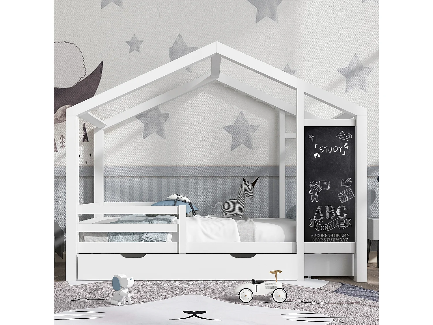 Kajuitbed met 2 grote lades - 90 x 200 cm - massief hout - lattenbodem - wit