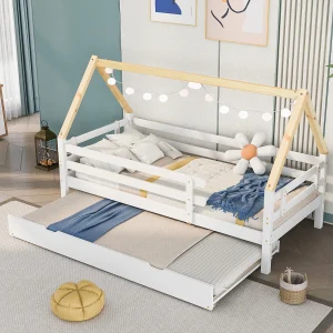 Kajuitonderschuifbed – 90 x 200 cm – massief hout – lattenbodem – kleur wit Kajuitonderschuifbed – 90 x 200 cm – massief hout – lattenbodem – kleur wit