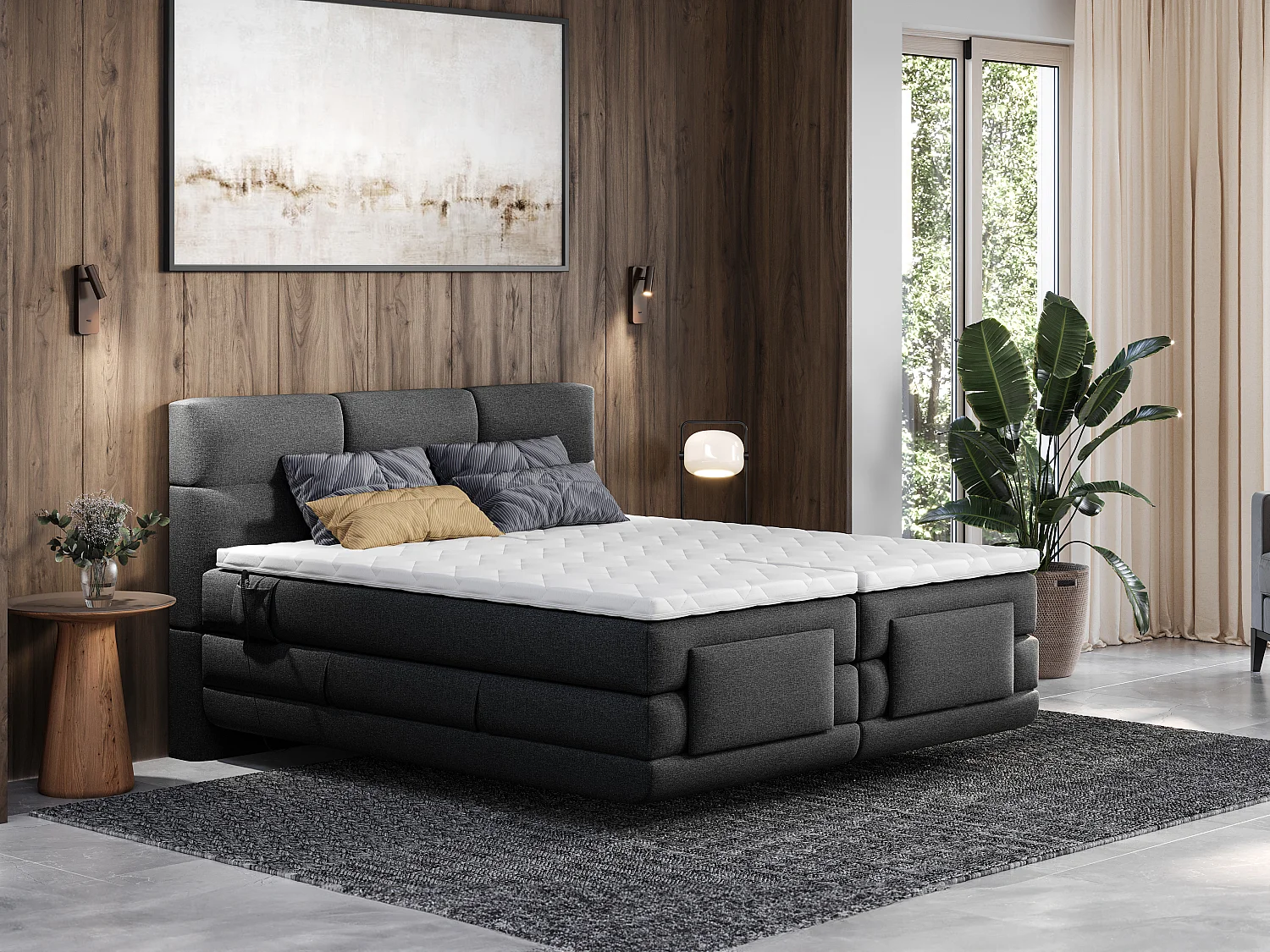 Hoofdbord met boxspring + elektrische lattenbodem + matras + opleg - LODI by PALACIO