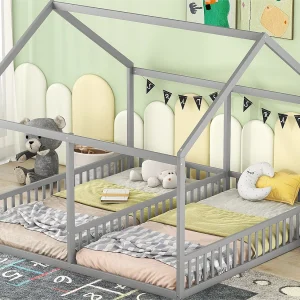 Kajuitbed van grenenhout 2x90x200cm – met dak en lattenbodem – Grijs Kajuitbed van grenenhout 2x90x200cm – met dak en lattenbodem – Grijs