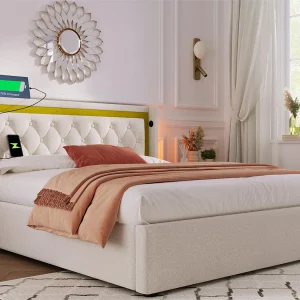 160x200cm katoenen opbergbed met LED- en USB-poorten – met lattenbodem – Beige 160x200cm katoenen opbergbed met LED- en USB-poorten – met lattenbodem – Beige