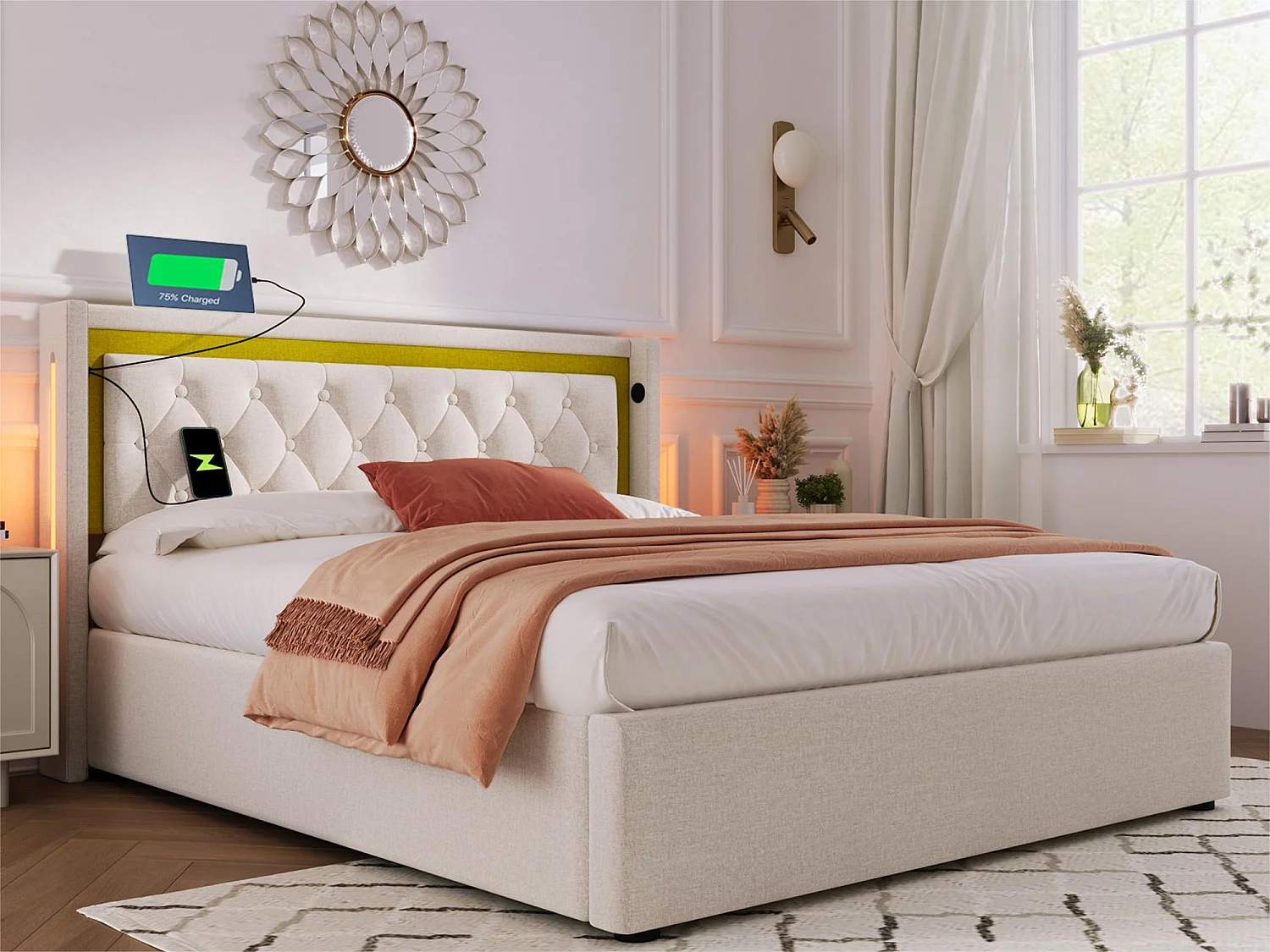 160x200cm katoenen opbergbed met LED- en USB-poorten - met lattenbodem - Beige