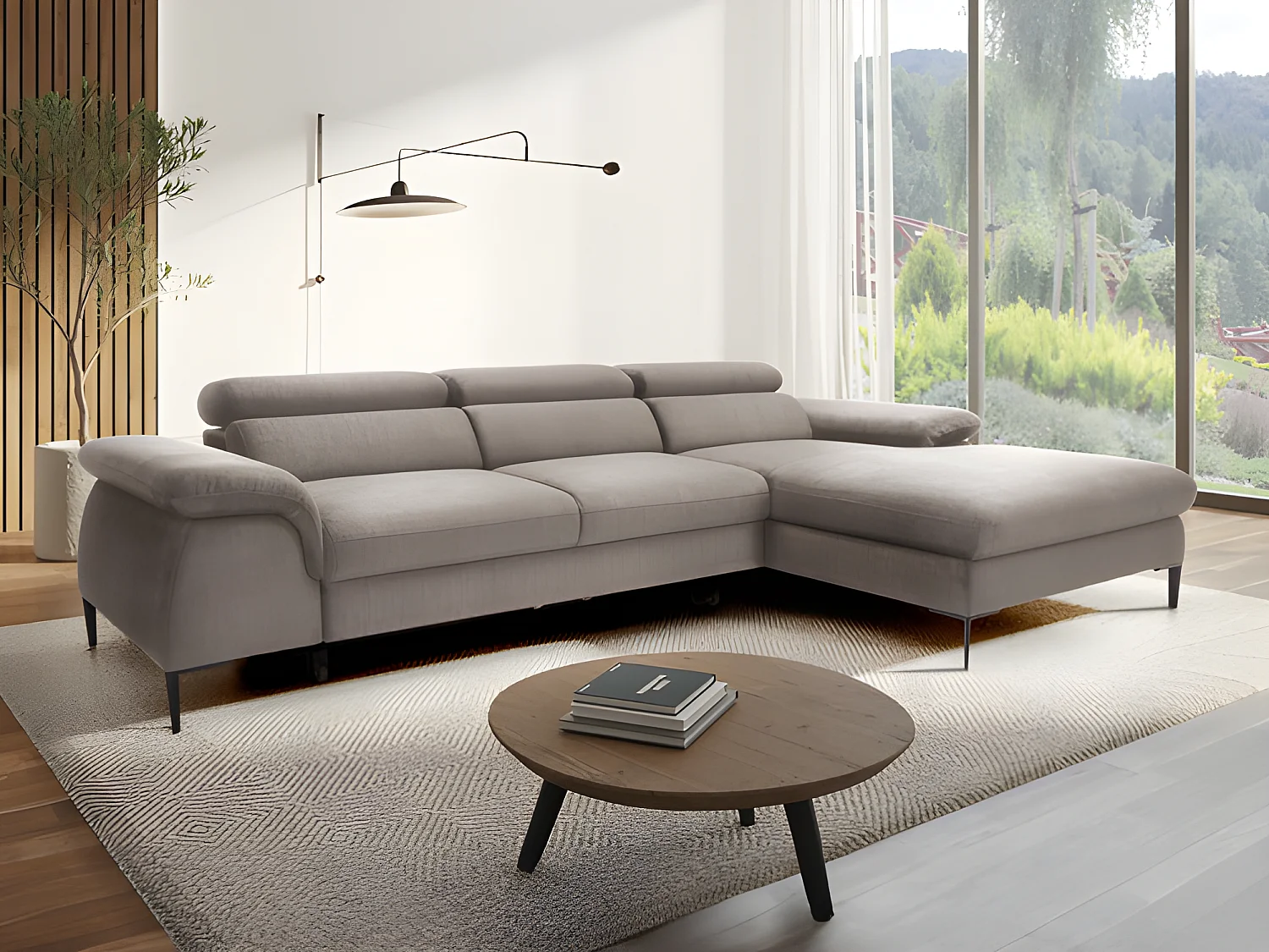 Slaapbank met hoek rechts in taupe fluweel design SEPINA van Pascal Morabito
