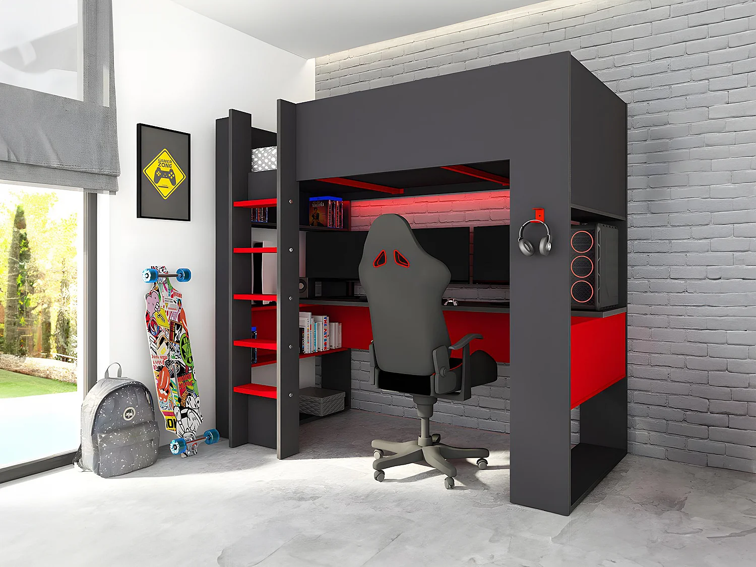 Hoogslaper gamer NOAH - 90 x 200 cm - met LED's - Antraciet en rood - Koop nu online