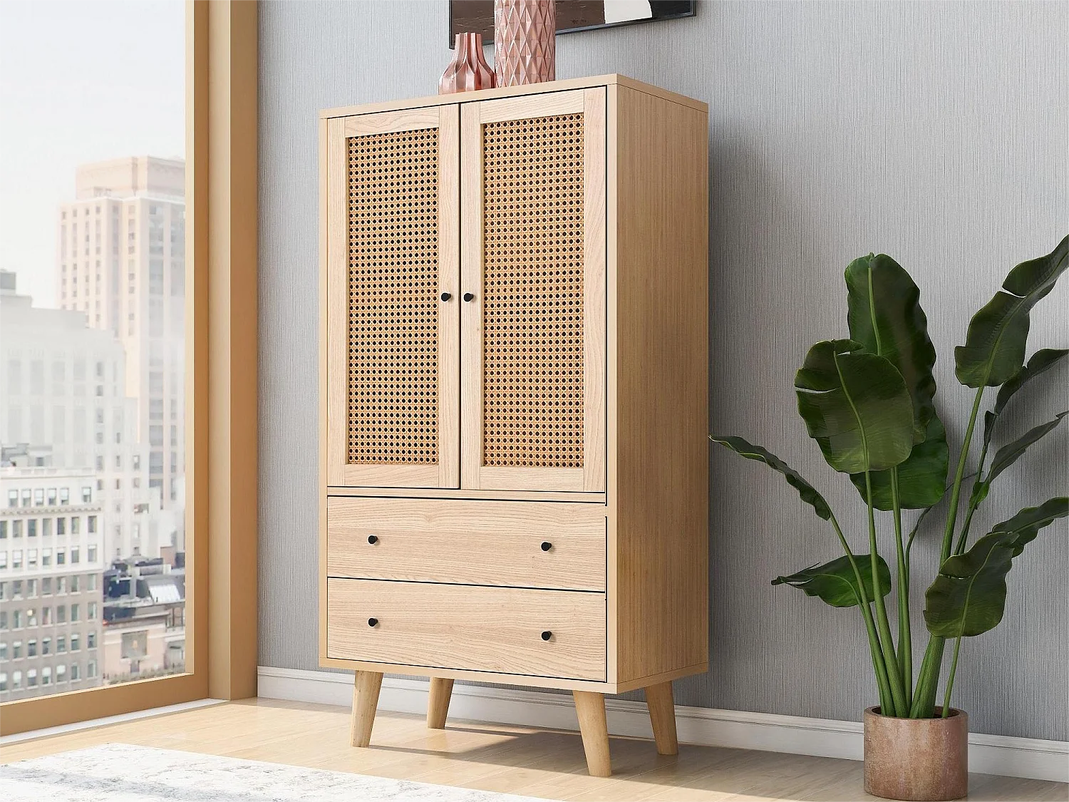 Hoog dressoir met 2 deuren en 2 laden in spaanplaathout - klassieke stijl - eikenkleur