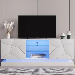 Houten tv-meubel met 2 deuren – verstelbare glazen plank – LED's – moderne stijl – glanzend wit Houten tv-meubel met 2 deuren – verstelbare glazen plank – LED's – moderne stijl – glanzend wit