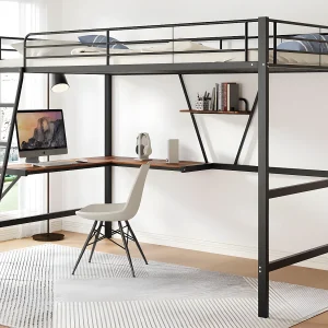 IJzeren tussenbed – 90x200cm – met hoekbureau en plank – Zwart