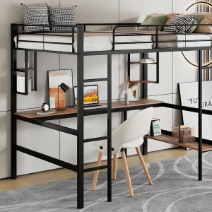 IJzeren tussenbed – 90x200cm – met bureau en 5 planken – Zwart
