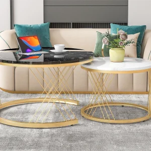 Houten salontafels – Wit marmerpatroon fineer en goud metaal – MDF – voor woonkamer – Zwart en wit Houten salontafels – Wit marmerpatroon fineer en goud metaal – MDF – voor woonkamer – Zwart en wit