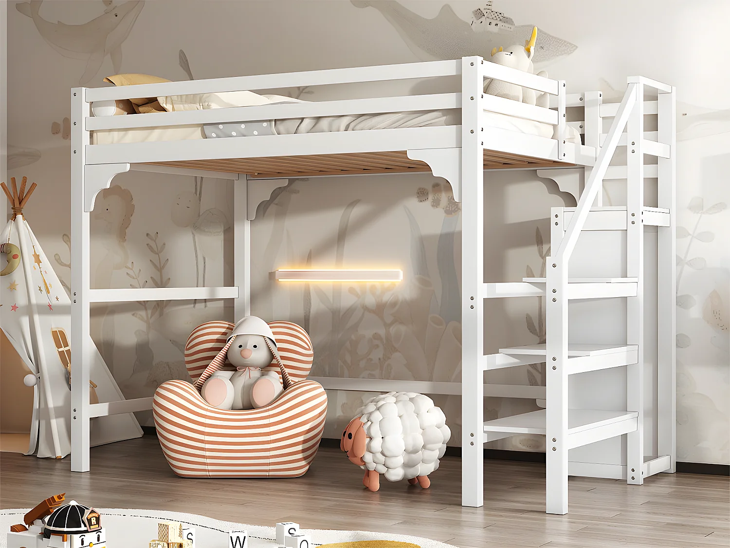 Houten tussenbed 140x200cm - met kledingkast en lattenbodem - Wit