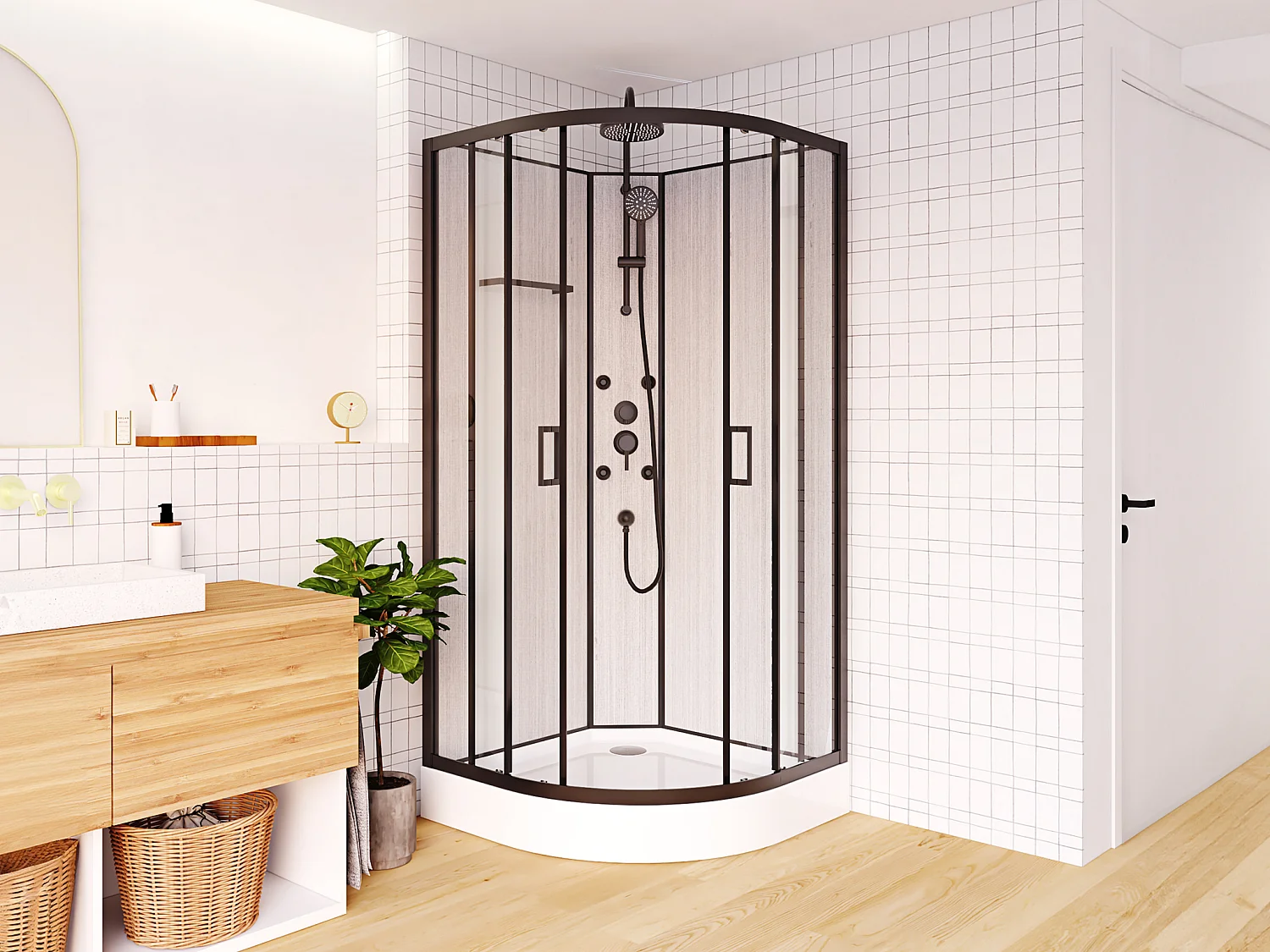 Zwarte hoekdouchecabine met massagefunctie, L80 x B80 x H225 cm, ZALIFA