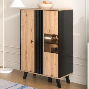 Hoog dressoir met 2 deuren – LED's – Glas en houteffect – Vintage – Kleuren: eiken en zwart Hoog dressoir met 2 deuren – LED's – Glas en houteffect – Vintage – Kleuren: eiken en zwart