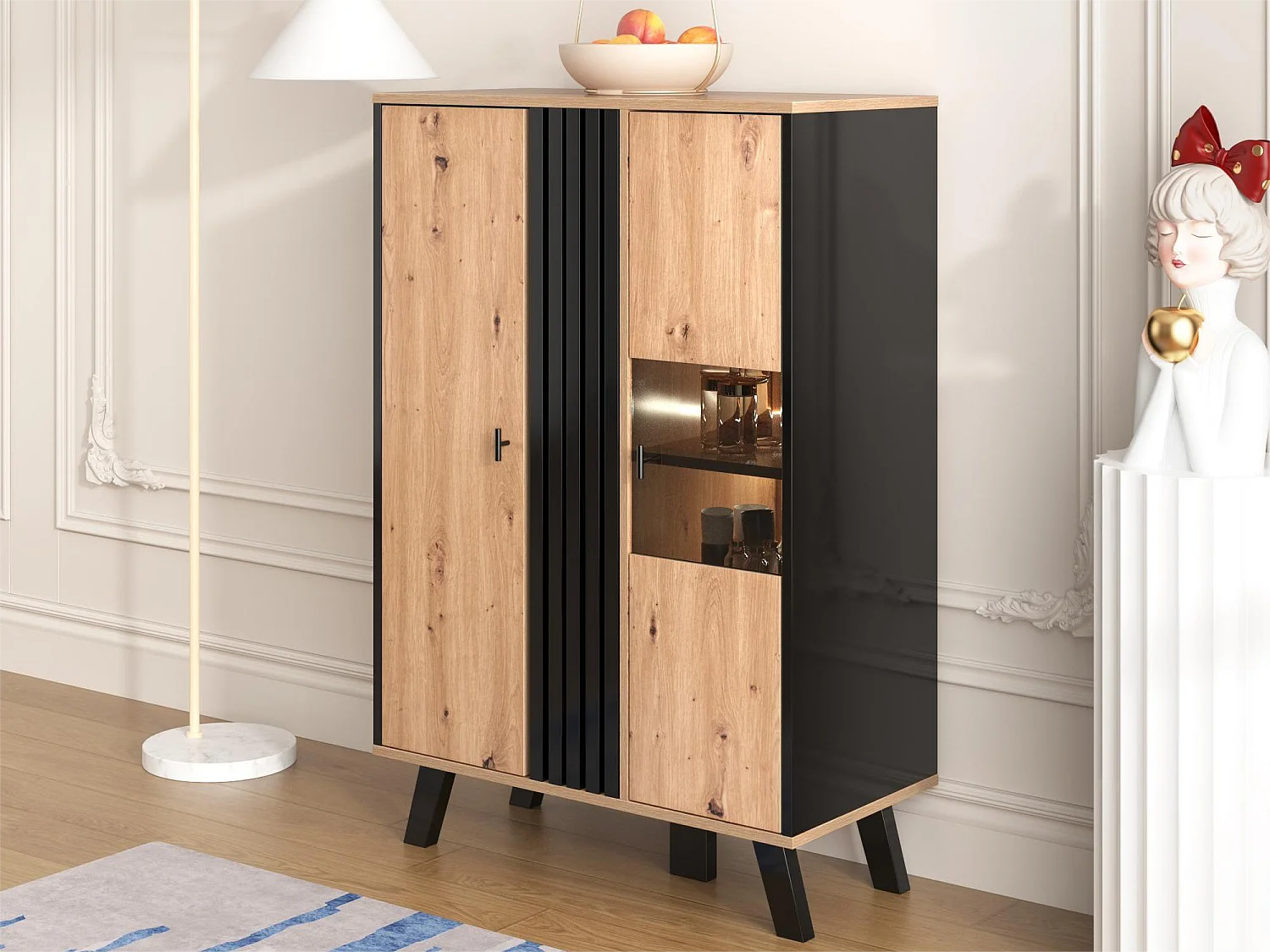 Hoog dressoir met 2 deuren - LED's - Glas en houteffect - Vintage - Kleuren: eiken en zwart