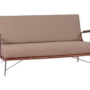 Industriële bank in walnoothout en bekleed met katoen – Daneu – Beige