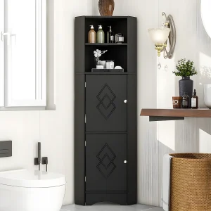 Hoekzuil badkamer – 2 open vakken en 2 deuren – verstelbare planken – Zwart