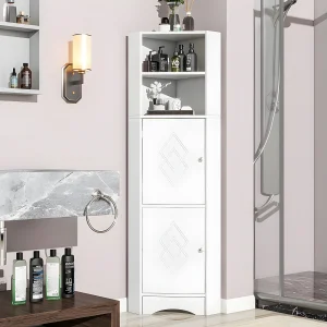 Hoekzuil badkamer – 2 open vakken en 2 deuren – verstelbare planken – Wit