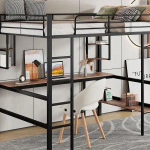 Hoogslaper met bureau en planken voor kinderen – 90 x 200 cm – MDF hout en metaal – zwart Hoogslaper met bureau en planken voor kinderen – 90 x 200 cm – MDF hout en metaal – zwart