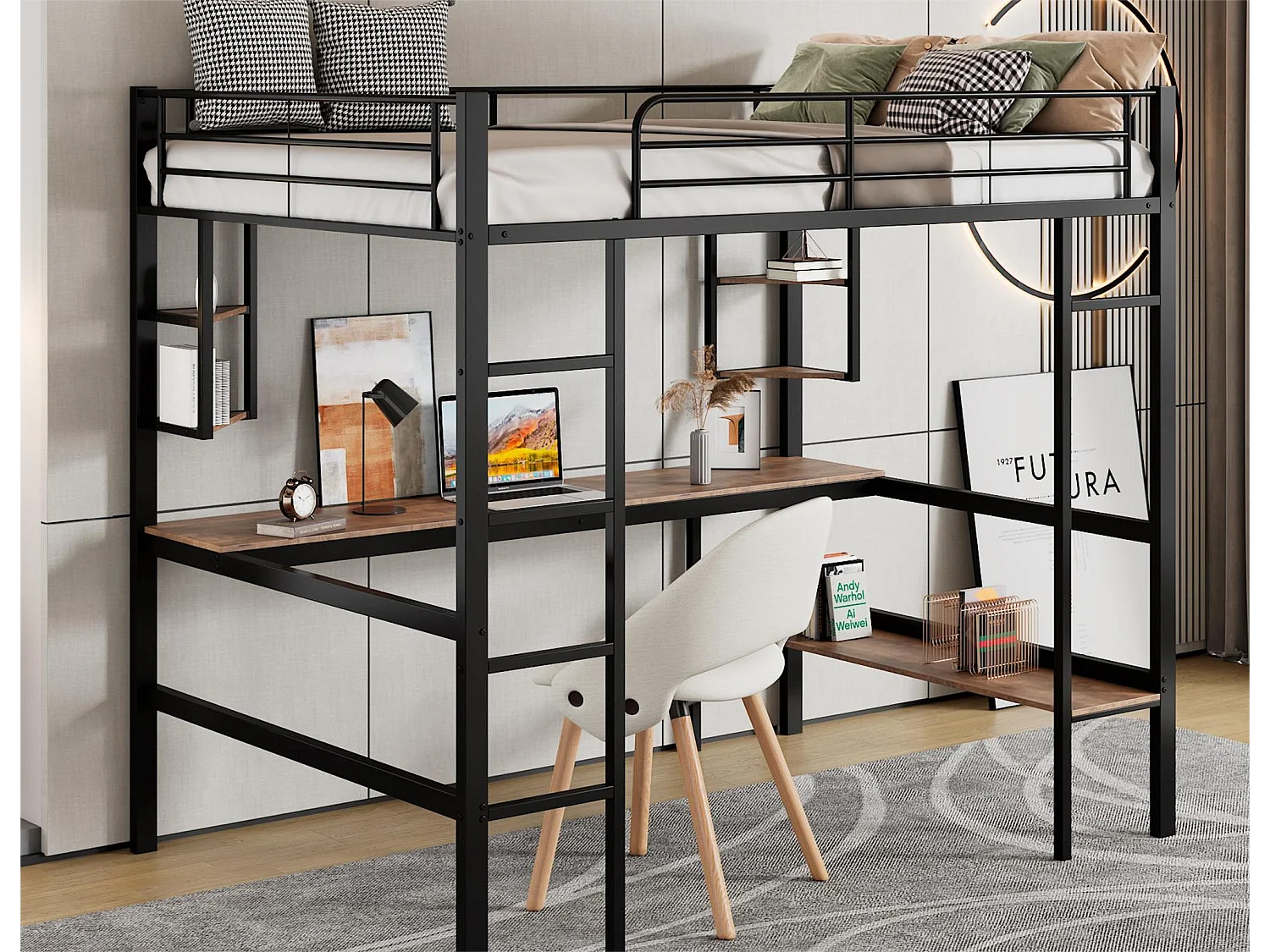 Hoogslaper met bureau en planken voor kinderen - 90 x 200 cm - MDF hout en metaal - zwart
