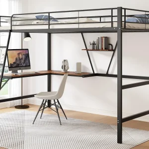 hoogslaper met L-vormig bureau en plank voor kinderen – 90 x 200 cm – MDF hout en metaal – zwart hoogslaper met L-vormig bureau en plank voor kinderen – 90 x 200 cm – MDF hout en metaal – zwart