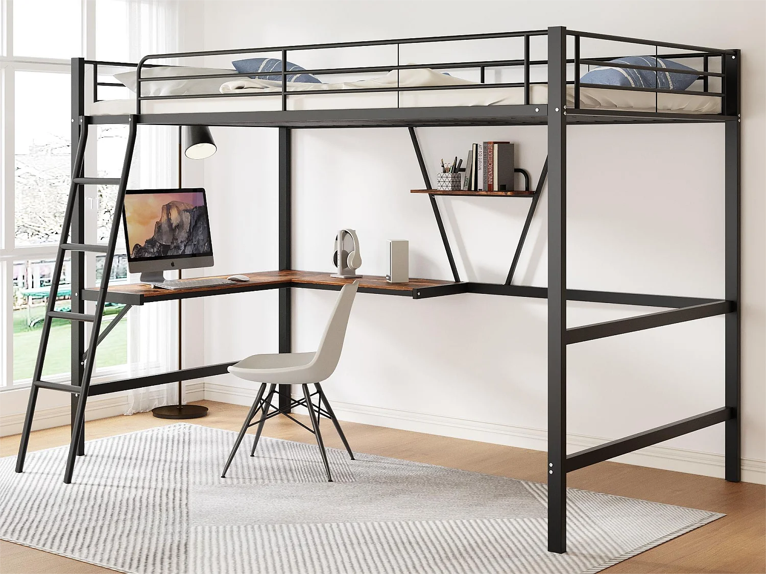 hoogslaper met L-vormig bureau en plank voor kinderen - 90 x 200 cm - MDF hout en metaal - zwart