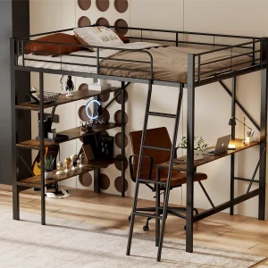 Hoogslaper met bureau en drie grote planken voor kinderen – 90 x 200 cm – zwart metaal Hoogslaper met bureau en drie grote planken voor kinderen – 90 x 200 cm – zwart metaal
