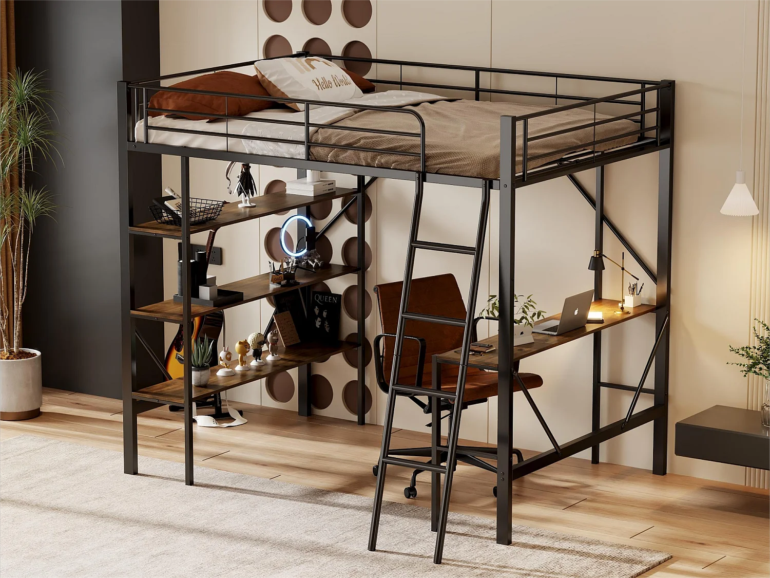 Hoogslaper met bureau en drie grote planken voor kinderen - 90 x 200 cm - zwart metaal