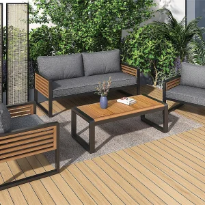 IJzeren tuinmeubelen voor 4 personen – 1 bank, 2 fauteuils en 1 salontafel – versierd met acaciahout – Grijs IJzeren tuinmeubelen voor 4 personen – 1 bank, 2 fauteuils en 1 salontafel – versierd met acaciahout – Grijs