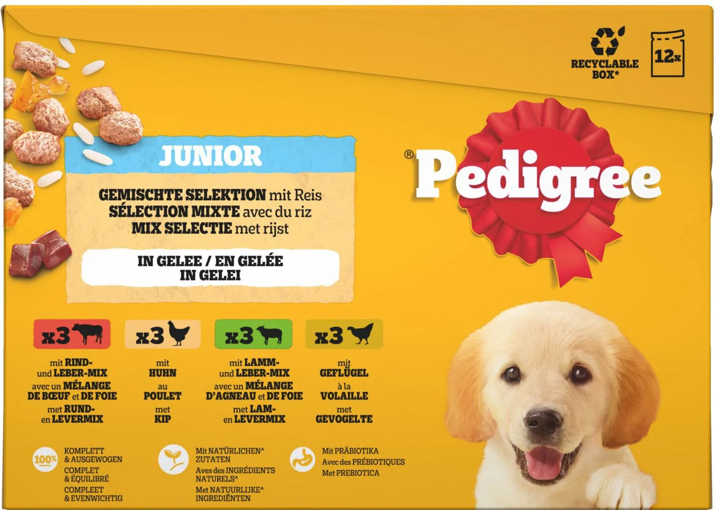 Pedigree natvoer junior Mix selectie in gelei met rijst 100 g 12 stuks