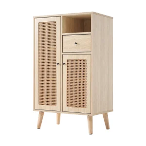 Hoog dressoir met 2 deuren en 1 lade – Rotan effect – Spaanplaat – Natuurlijke kleur – 60 x 40 x 101cm Hoog dressoir met 2 deuren en 1 lade – Rotan effect – Spaanplaat – Natuurlijke kleur – 60 x 40 x 101cm